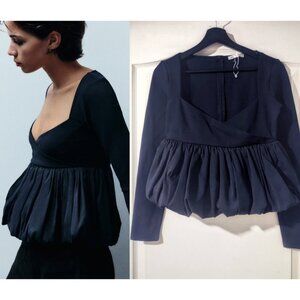 NEW Zara | Gathered Bubble Top With Puff Sleeves In Navy